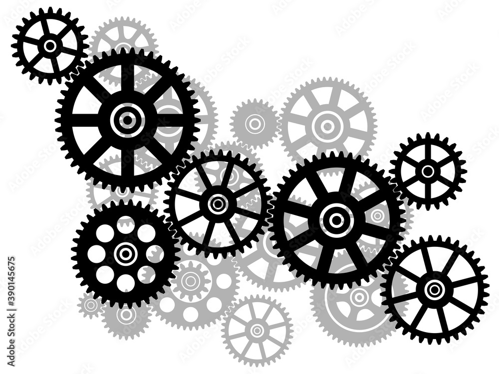 Cogwheel Gear Mechanism. Black silhouette gears on a white