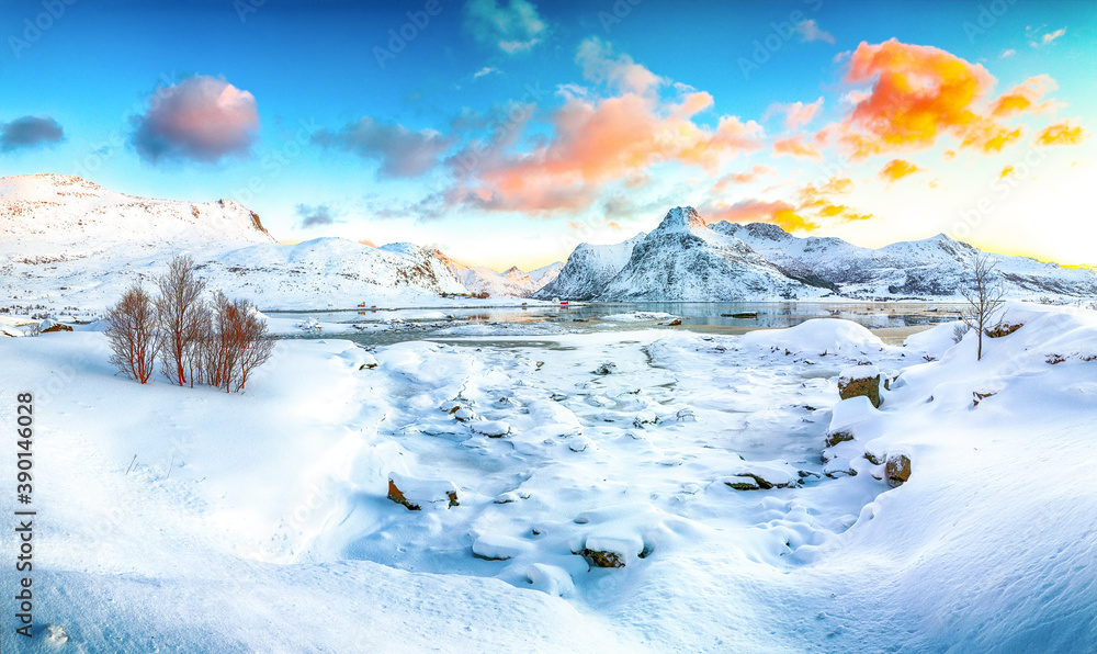 custom made wallpaper toronto digitalPicturesque frozen Flakstadpollen and Boosen fjords with cracks on ice during sunrise with Hustinden mountain on background on Flakstadoya island
