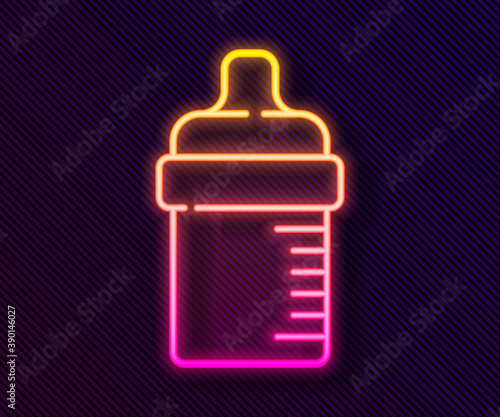 Glowing neon line Baby bottle icon isolated on black background. Feeding bottle icon. Milk bottle sign. Vector.