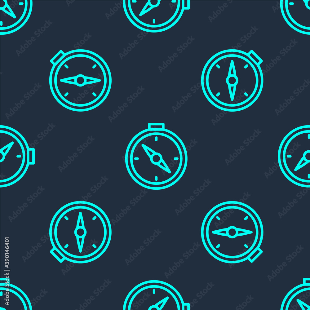 Green line Compass icon isolated seamless pattern on blue background. Windrose navigation symbol. Wind rose sign. Vector. Green line Compass icon isolated seamless pattern on blue background. Windrose navigation symbol. Wind rose sign. Vector.