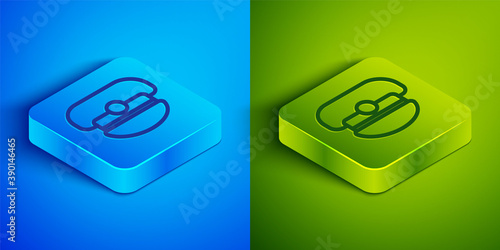 Isometric line Captain hat icon isolated on blue and green background. Square button. Vector.