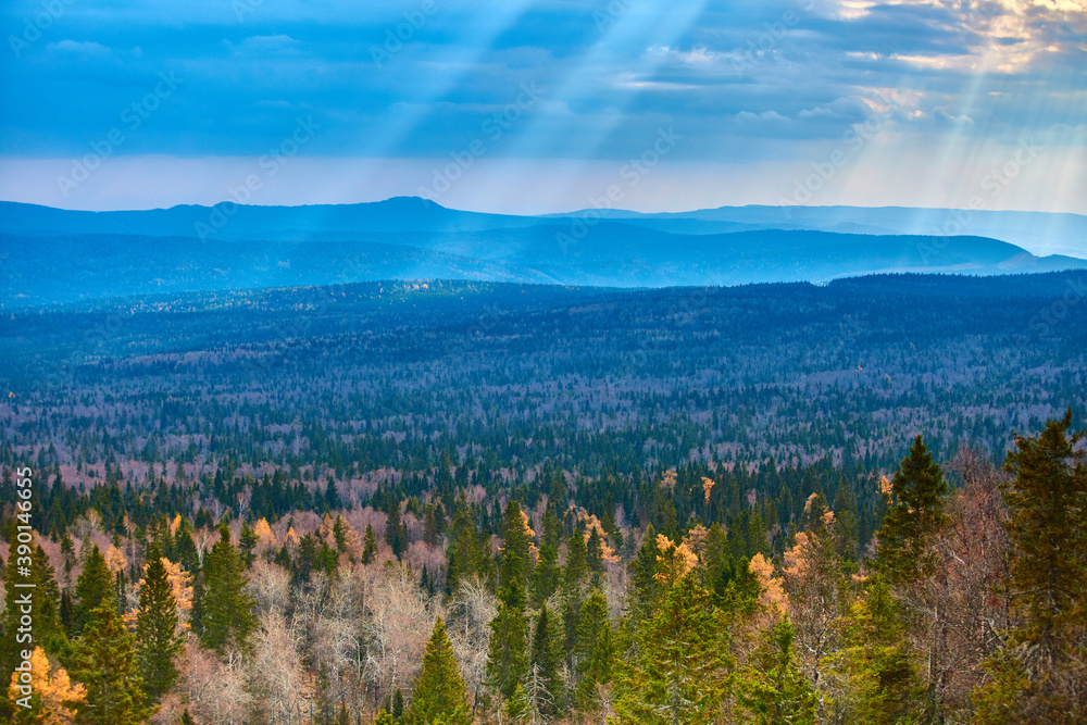 Ural mountains and ridges. Taganay ridge, a view from the city of Zlatoust, in the Chelyabinsk region