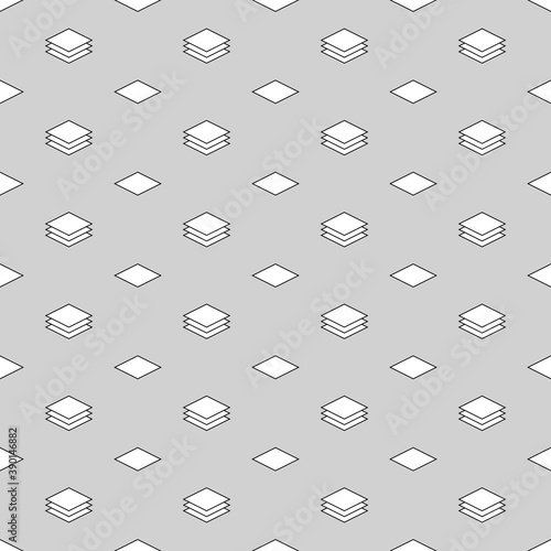 Seamless surface pattern design with diamonds ornament. Lozenge motif. Repeated white rhombuses with black outlines on grey background. Isometric wallpaper. Digital paper for textile print. Vector art