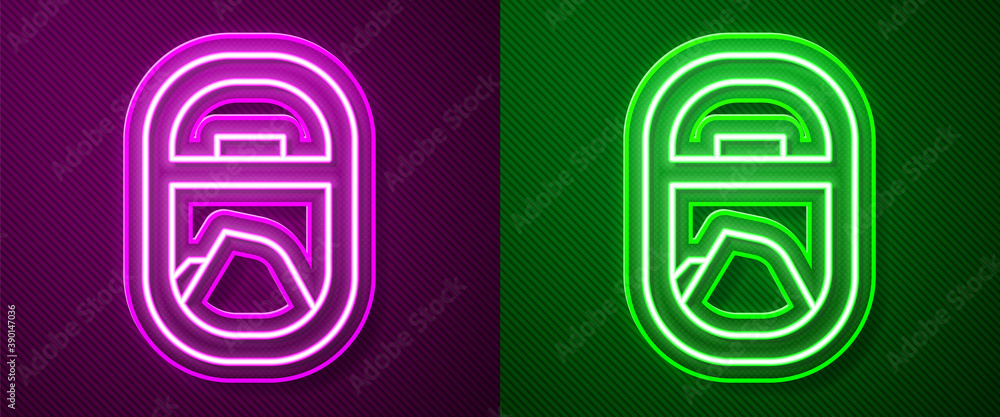 Glowing neon line Airplane window icon isolated on purple and green background. Aircraft porthole. Vector. Glowing neon line Airplane window icon isolated on purple and green background. Aircraft porthole. Vector.