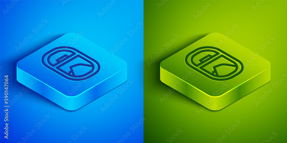 Isometric line Airplane window icon isolated on blue and green background. Aircraft porthole. Square button. Vector. Isometric line Airplane window icon isolated on blue and green background. Aircraft porthole. Square button. Vector.