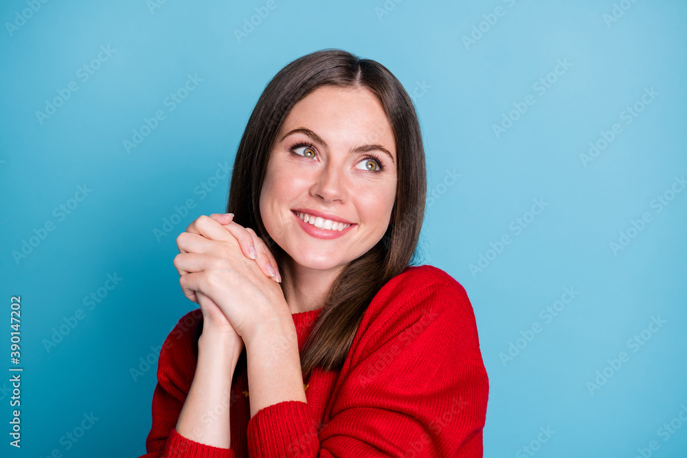 Close up photo of adorable cute pretty girl look copyspace dream x-mas gift present wear red cozy jumper isolated over blue pastel color background Close up photo of adorable cute pretty girl look copyspace dream x-mas gift present wear red cozy jumper isolated over blue pastel color background