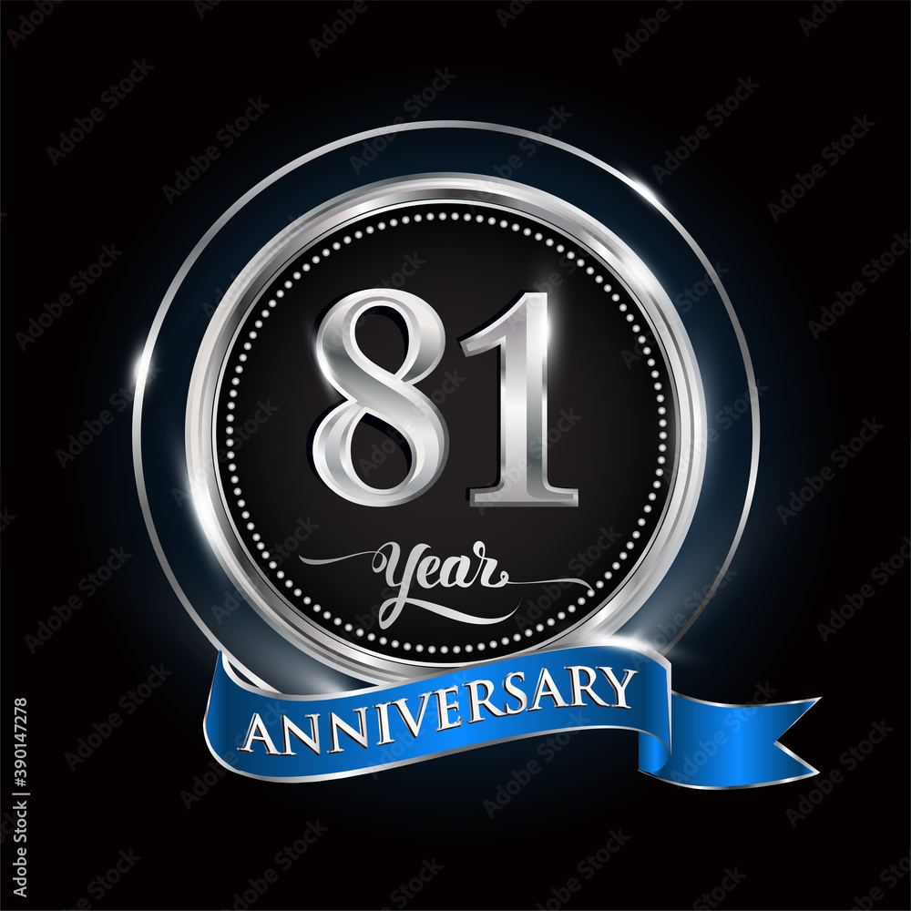 Fototapeta premium Celebrating 81st years anniversary logo. with silver ring and blue ribbon.