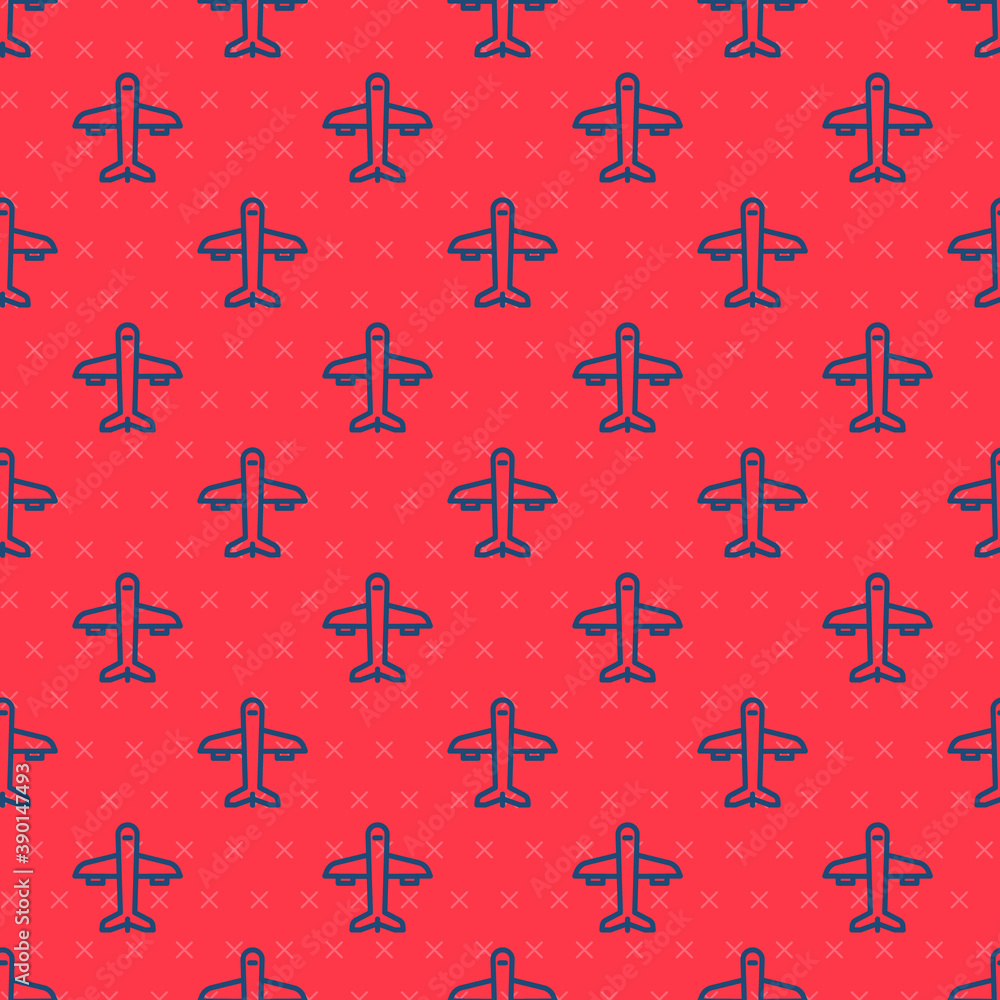 Blue line Plane icon isolated seamless pattern on red background. Flying airplane icon. Airliner sign. Vector.