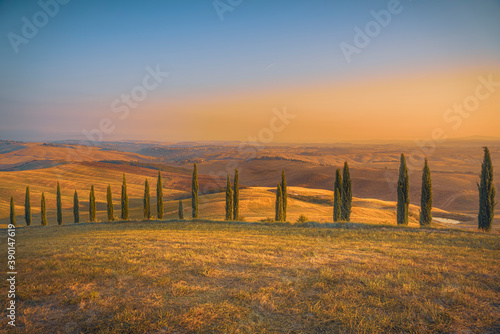 Summer morning with beautiful curved road and cypress trees rolling over the hills. Travel destination Tuscany, Italy