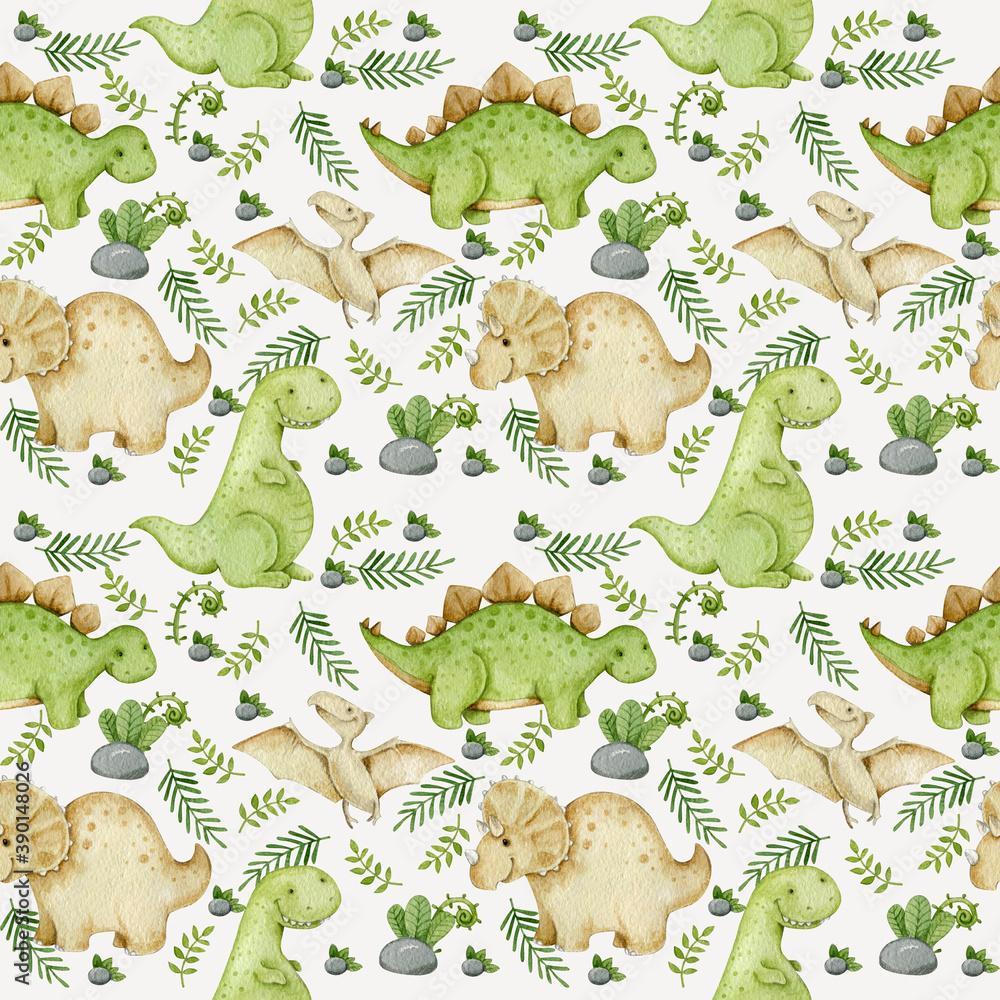 Fototapeta premium seamless pattern watercolor cute little dinosaurus background