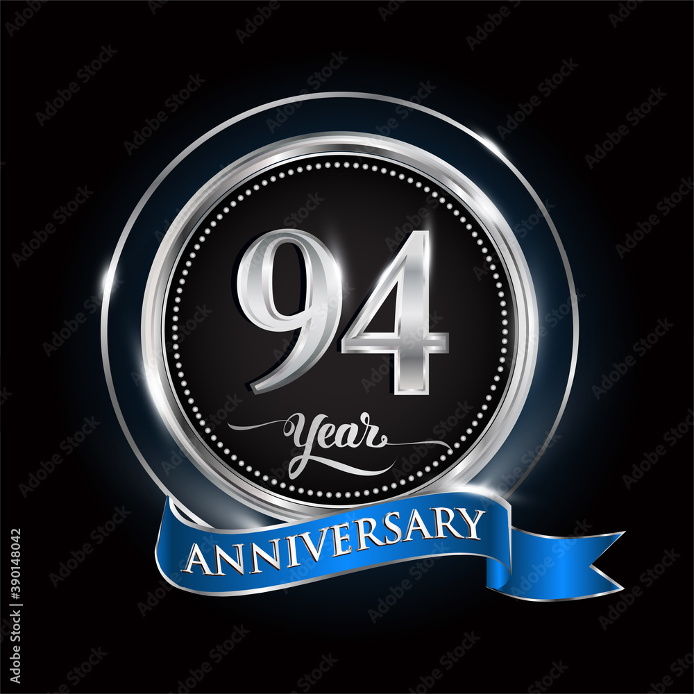 Celebrating 94th years anniversary logo. with silver ring and blue ribbon. Celebrating 94th years anniversary logo. with silver ring and blue ribbon.
