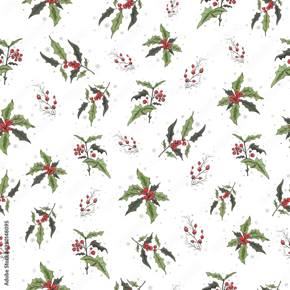 seamless Wallpaper with a pattern of Holly and Rowan branches. the hand-drawn sketch is made in a minimalist style. vintage-inspired illustration for paper, print, winter ideas seamless Wallpaper with a pattern of Holly and Rowan branches. the hand-drawn sketch is made in a minimalist style. vintage-inspired illustration for paper, print, winter ideas
