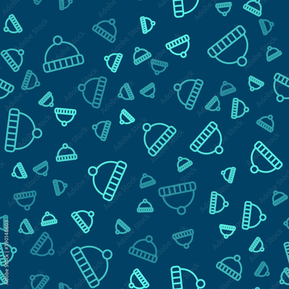 Green line Winter hat icon isolated seamless pattern on blue background. Vector. Green line Winter hat icon isolated seamless pattern on blue background. Vector.