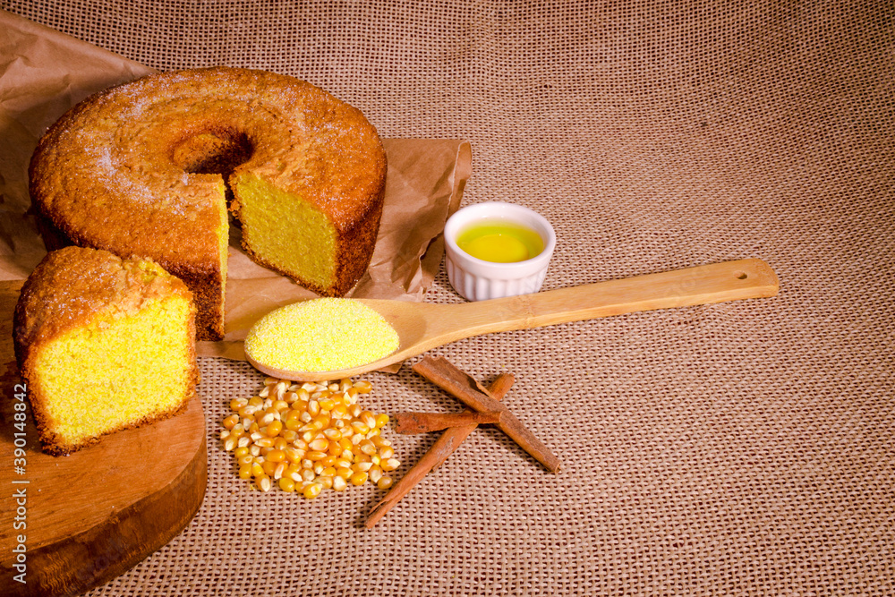 Brazilian corn cake made with a type of corn flour (Fuba) on the wood
