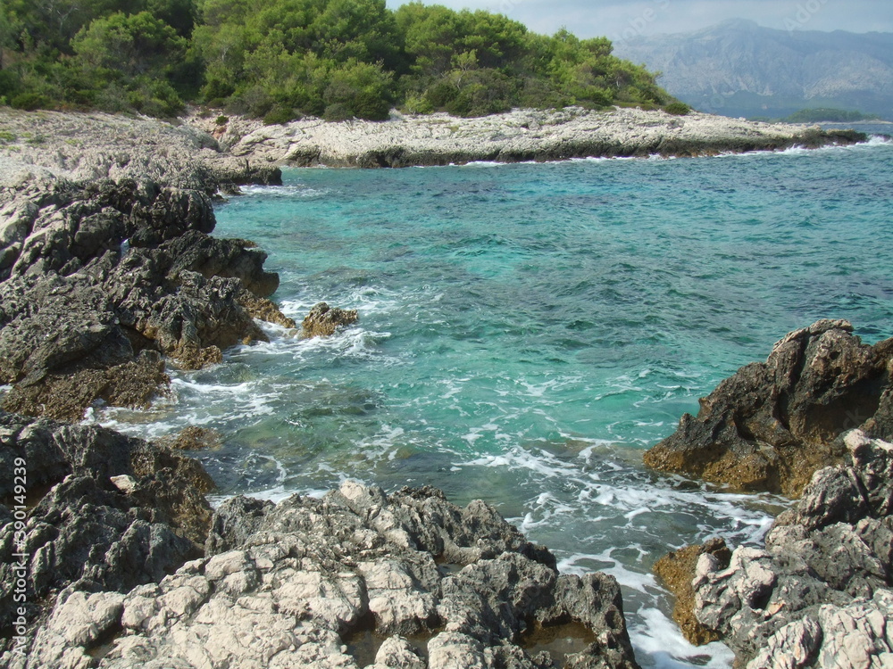 The beautiful Adriatic Sea surrounded by the Dalmatian Mountains, in Korcula, Croatia.