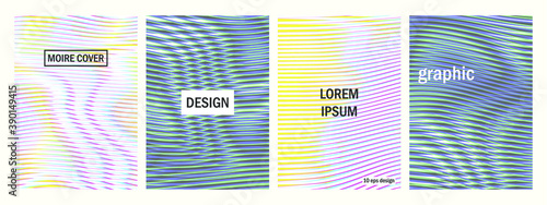 Set of moire seamless holographic vector backgrounds. Template of moire texture wavy lines optical illusion abstract covers. TV screen effect. Distorted shapeful lines wallpaper.