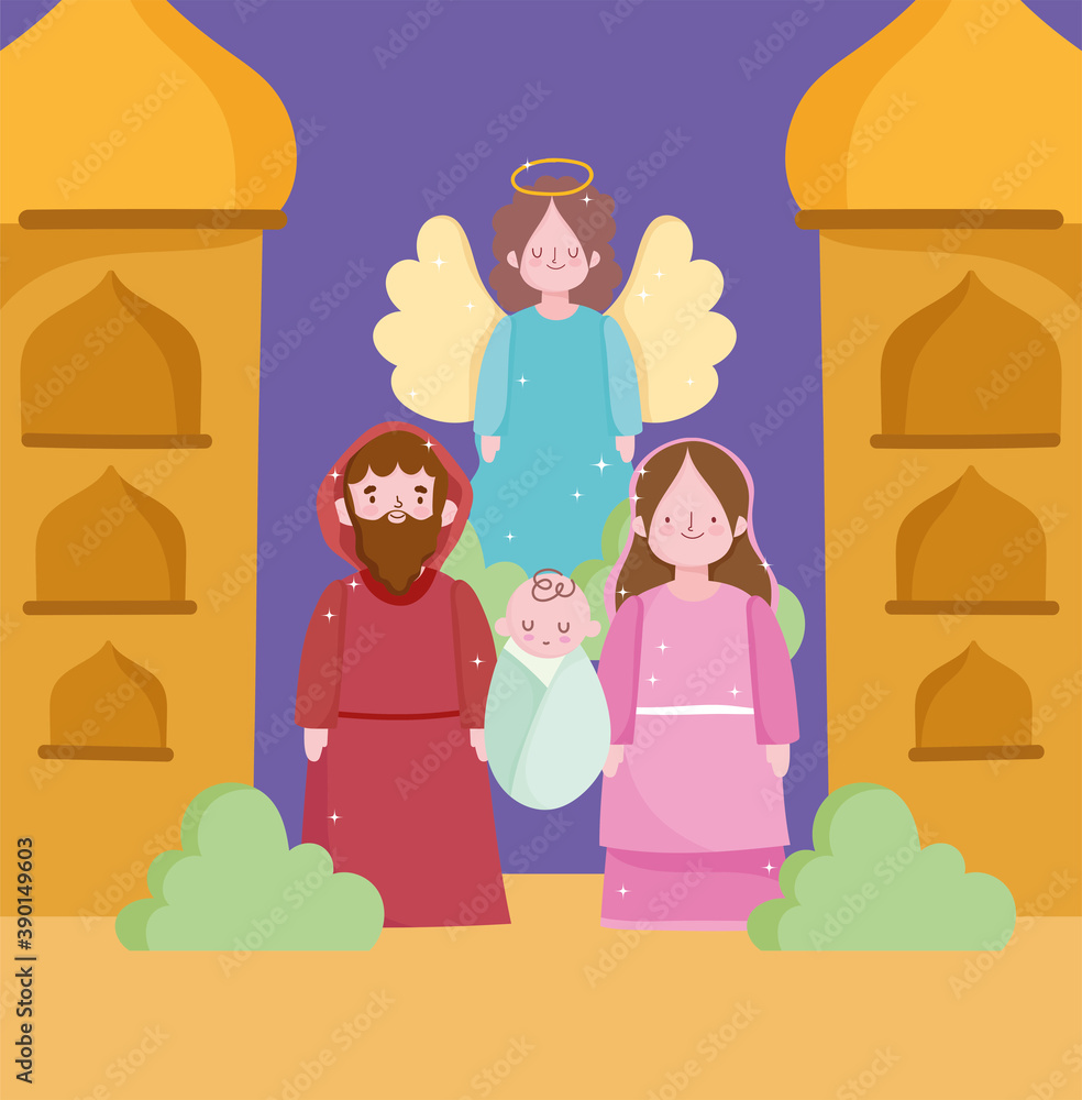 Fototapeta premium nativity, manger holy mary joseph baby and angel cartoon