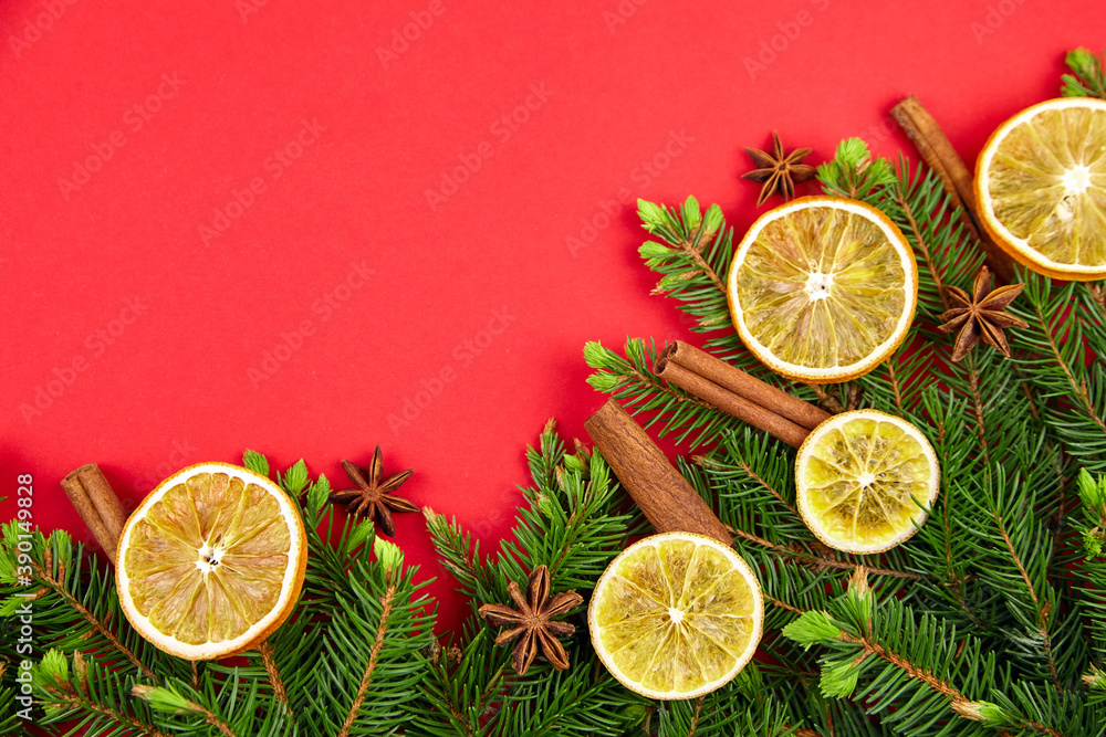 Green fir tree branches with dry oranges and cinnamon and anise on red Green fir tree branches with dry oranges and cinnamon and anise on red