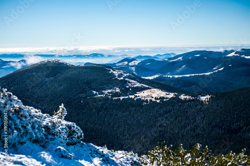 Beautiful alpine panoramic view snow capped mountains, European beautiful winter mountains