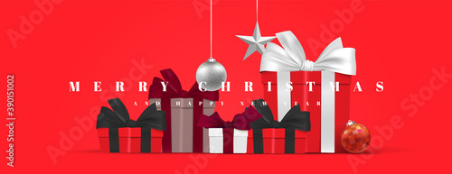 Pile of gift boxes christmas present banner vector. Red trendy modern merry Christmas and happy new year 3d realistic background illustration
