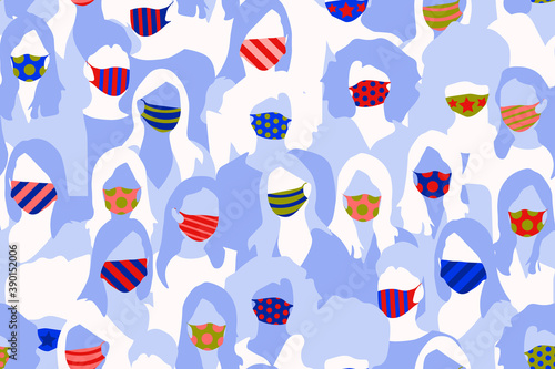 Women crowd wearing medical masks abstract seamless pattern. Repetitive abstract vector illustration of women crowd. Stylish medical mask, women crowd, Freedom, Independence, Equality.