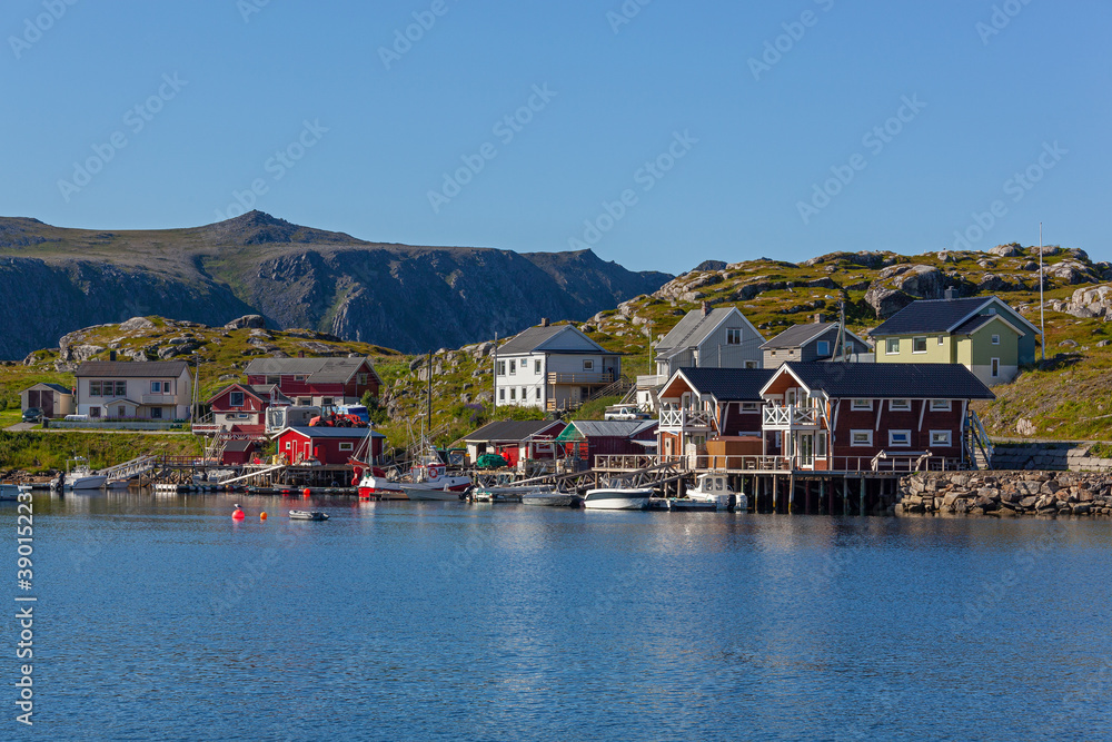 Picturesque harbor in small coastal town Gjesvaer in the Northern polar Norway, Finnmark
