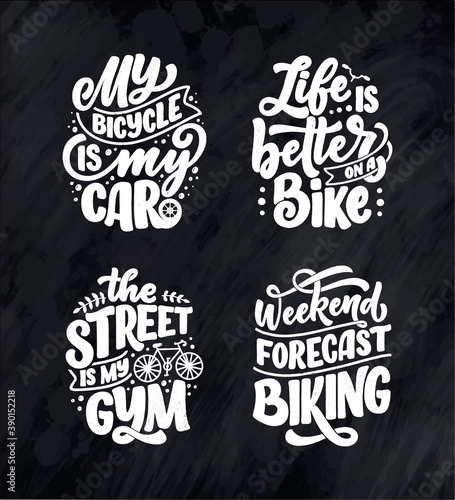 Set woth lettering slogans about bicycle for poster, print and t shirt design. Save nature quotes. Vector illustration