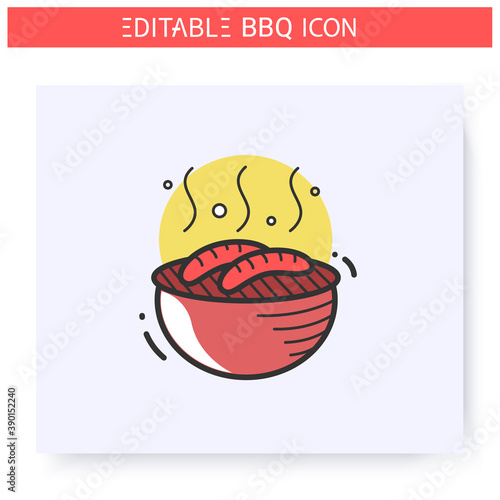 Grilled sausages color icon. Charcoal barbecue. Opened brazier with hot dogs . Backyard picnic concept. Barbecue party or summer camping. Grill cooking. Isolated vector illustration. Editable stroke 