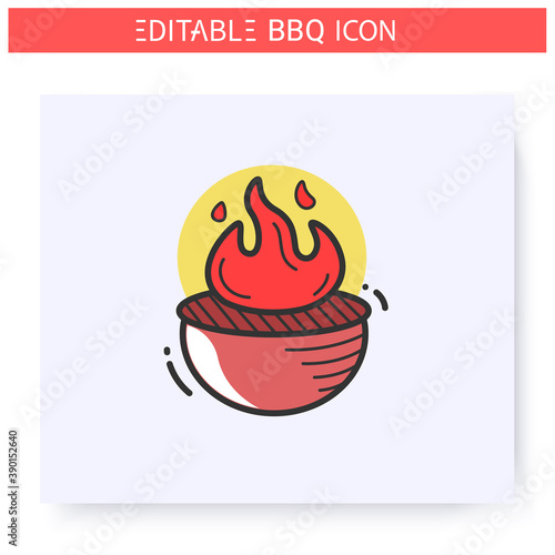 Flaming grill color icon.Charcoal barbecue.Opened brazier with flame.Backyard picnic concept.Barbecue party or summer camping.Grilled food, grill cooking. Isolated vector illustration.Editable stroke 