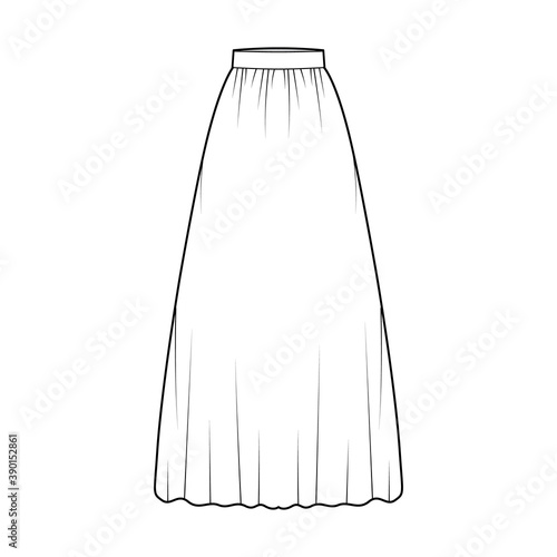 Skirt maxi dirndl technical fashion illustration with floor ankle lengths silhouette, semi-circular fullness. Flat bottom template front, white color style. Women men unisex CAD mockup