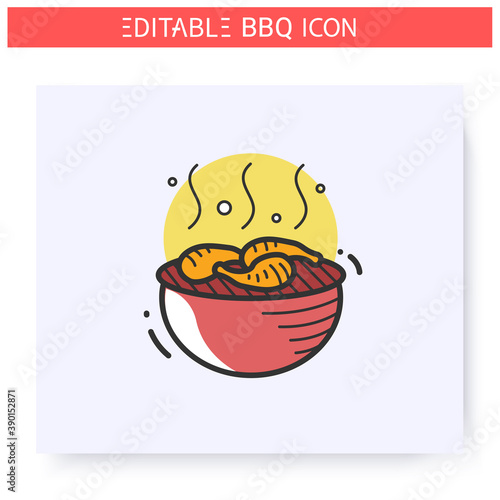 Grilled shrimps color icon.Charcoal barbecue.Brazier with shrimps or chicken drumsticks. Backyard picnic. Barbecue party or summer camping. Grill cooking.Isolated vector illustration.Editable stroke 