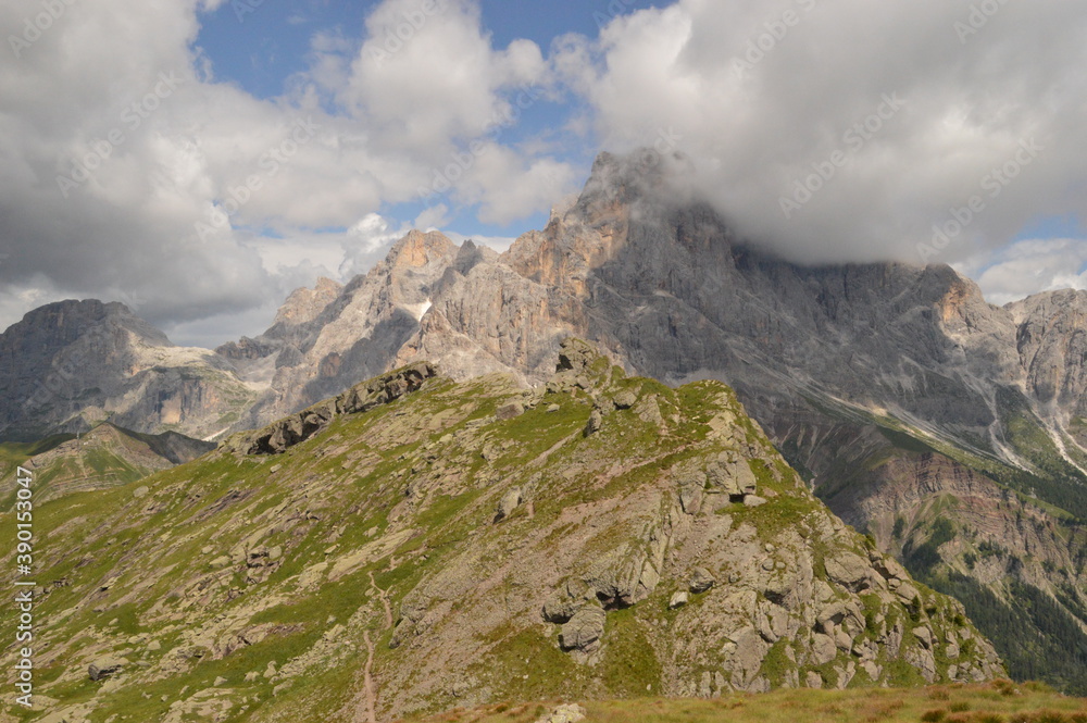 Hiking in the beautiful mountains of Val di Fiemme in the Dolomites of Northern Italy, Europe Hiking in the beautiful mountains of Val di Fiemme in the Dolomites of Northern Italy, Europe
