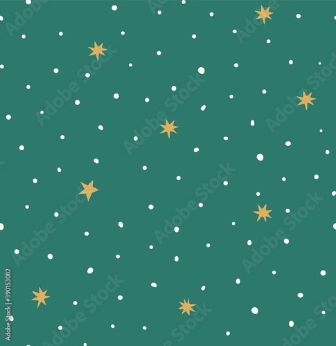 Seamless christmas and new year pattern with stars and snowflakes. Vector green winter background.