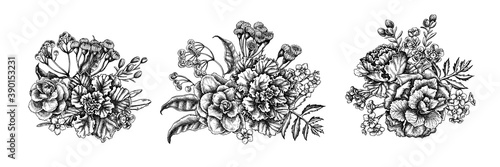Flower bouquet of black and white wax flower, forget me not flower, tansy, ardisia, brassica, decorative cabbage