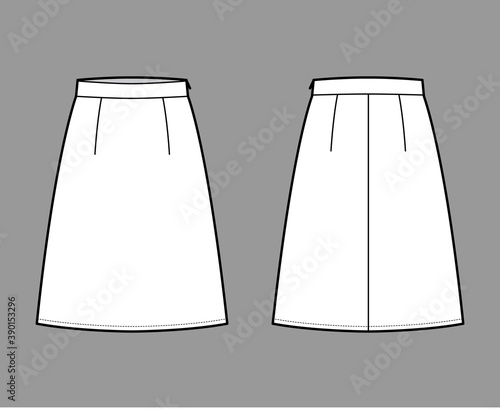 Skirt A-line fullness technical fashion illustration with knee length silhouette, thick waistband, side zipper. Flat bottom template front, back, white color style. Women, men, unisex CAD mockup