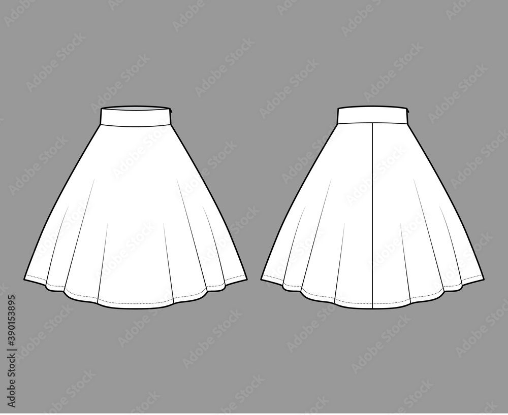 Skirt circular fullness technical fashion illustration with below-the-knee lengths silhouette, thick waistband. Flat bottom template front, back, white color style. Women men unisex CAD mockup Skirt circular fullness technical fashion illustration with below-the-knee lengths silhouette, thick waistband. Flat bottom template front, back, white color style. Women men unisex CAD mockup