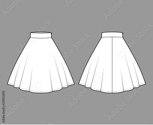 Skirt circular fullness technical fashion illustration with below-the-knee lengths silhouette, thick waistband. Flat bottom template front, back, white color style. Women men unisex CAD mockup