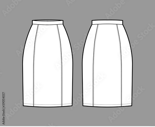 Skirt six gore pencil fullness technical fashion illustration with below-the-knee silhouette, thin waistband. Flat bottom template front, back, white color style. Women, men, unisex CAD mockup