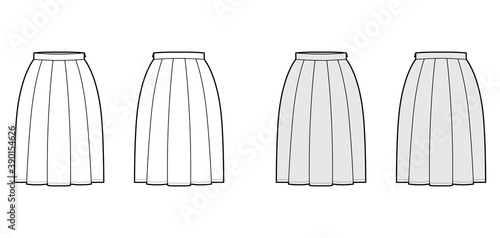 Skirt box pleat technical fashion illustration with below-the-knee silhouette, thin waistband, side zipper. Flat bottom template front, back, white grey color style. Women, men, unisex CAD mockup