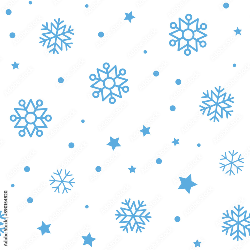 Snow vector pattern. Snowflake and stars seamless texture. Winter background. Vector elements.