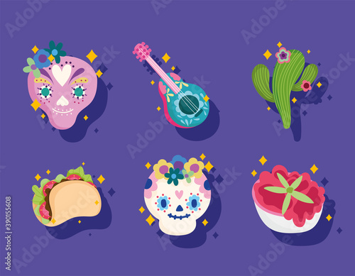 mexico culture set icons, skull, guitar, cactus, sauce and taco