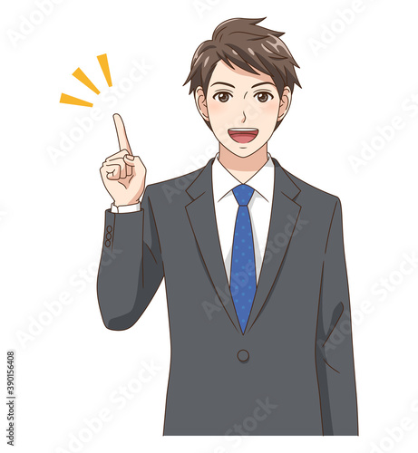 笑顔で指差しするスーツの若い男性
