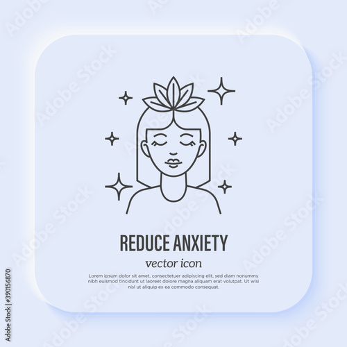 Reduce anxiety: young woman with closed eyes relaxing. Meditation. Relieve headache, migraine. Thin line icon. Vector illustration.