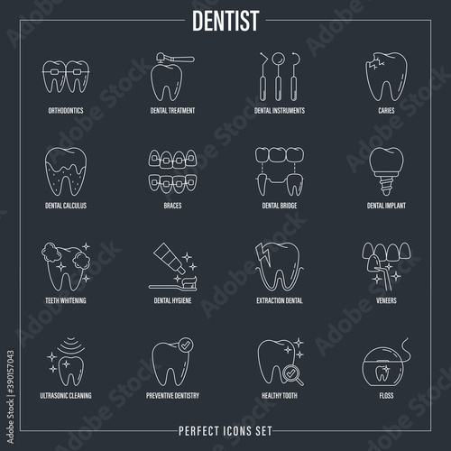 Dentist cabinet: dental instruments, toothbrush and toothpaste, caries, veneers, tooth whitening, implant, calculus, ultrasonic cleaning, orthodontics. Thin line icons set, vector illustration.