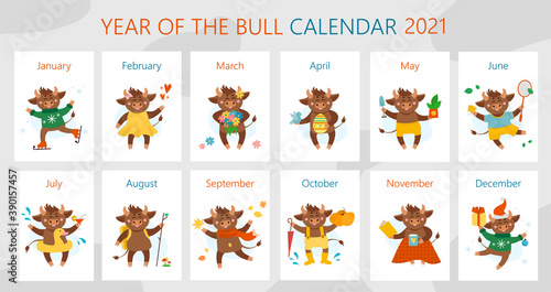 Vector calendar illustrations for 2021. Year of cow  ox or bull concept. Christmas holidays  xmas illustrations