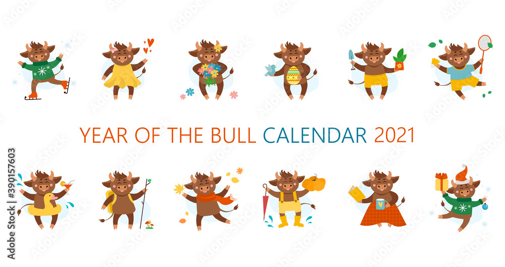 Obraz premium Vector calendar illustrations for 2021. Year of cow, ox or bull concept. Christmas holidays, xmas illustrations