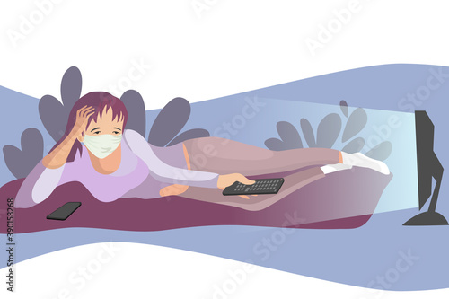 Quarantine. A girl in a medical mask lies at home on the couch and watches a TV show. Covid Prevention Concept - 19 or Coronavirus 2019 -nCov. Vector illustration. Cartoon. 