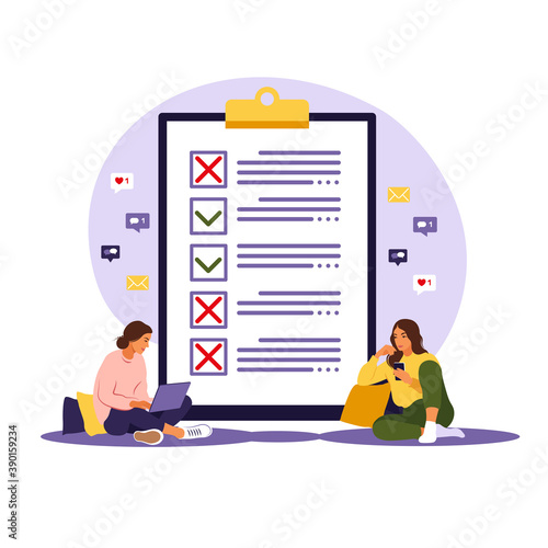 Survey of customer satisfaction. Piece of paper with ticks and crosses. Small people characters fill out a form. Vector illustration. Flat style.