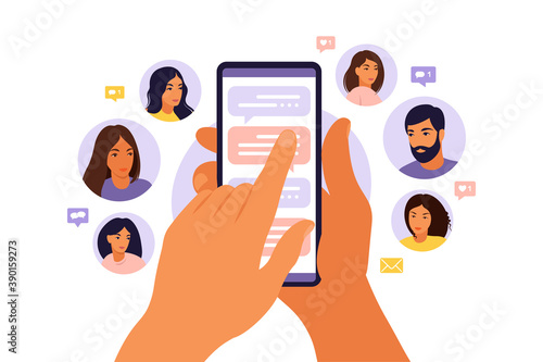 Refer a friend concept with cartoon hands holding a phone with a list of friends contacts. Referral marketing strategy banner, landing page template, ui, web, mobile app, poster, banner, flyer.