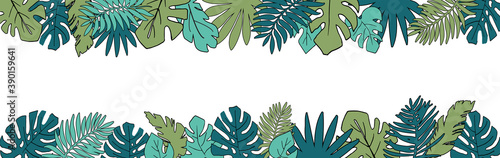 Tropical Horizontal frame, place for your text. Palm, monstera, banana  tree leaves background template. Vector illustration. Concept of the jungle for the design of invitations, greeting cards